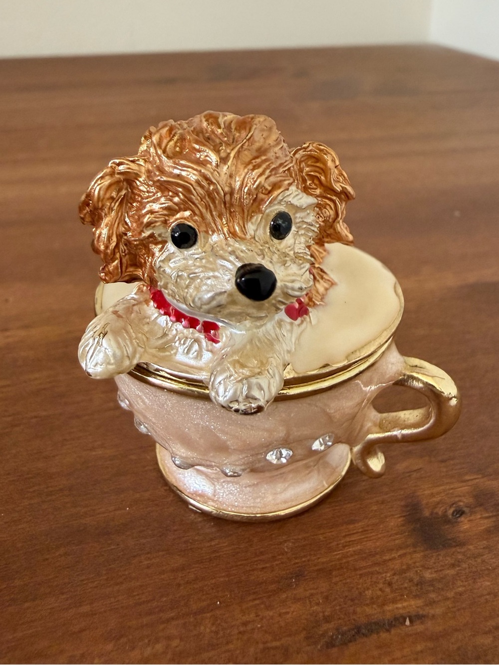 Gold and Cream Puppy on a Teacup Jewelry Trinket Box with Rhinestones Accents